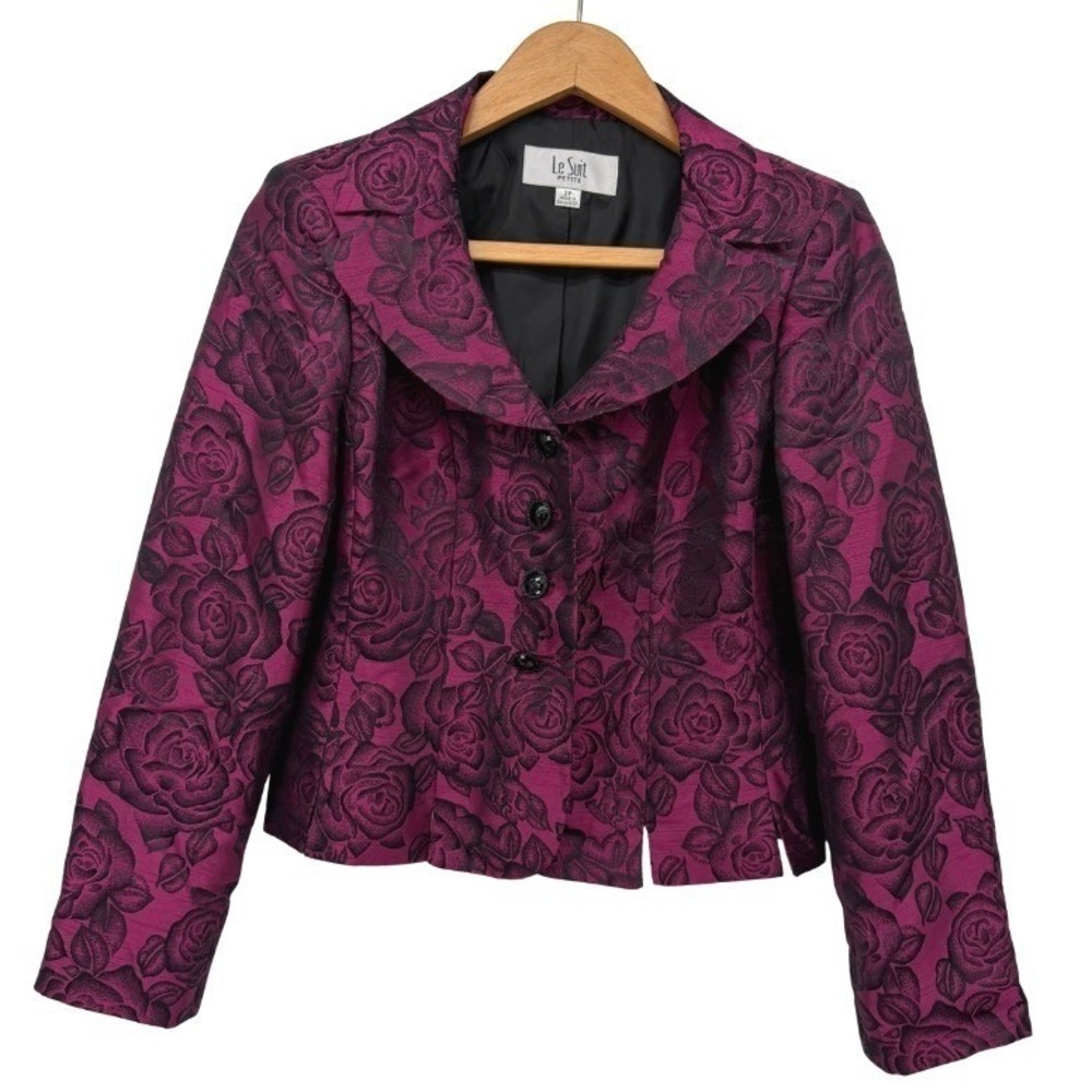 Le Suit Blazer Magenta Black Floral Rose Jacquard Button Front Jacket‎ Size 2P